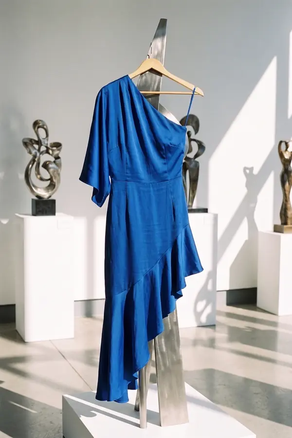 still life: Cobalt satin one-shoulder dress with a cape sleeve