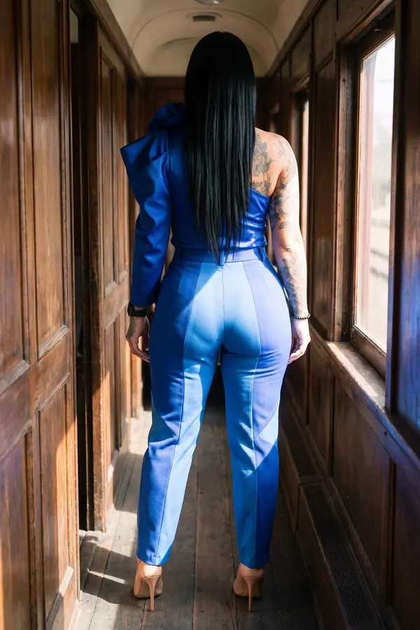 back & profile: Cobalt satin rosette top with colour-block trousers