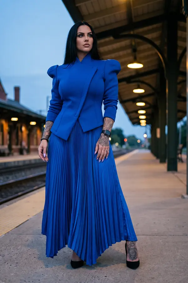Woman in a cobalt scuba jacket with pointed shoulders and a pleated satin maxi skirt on a train platform at dusk