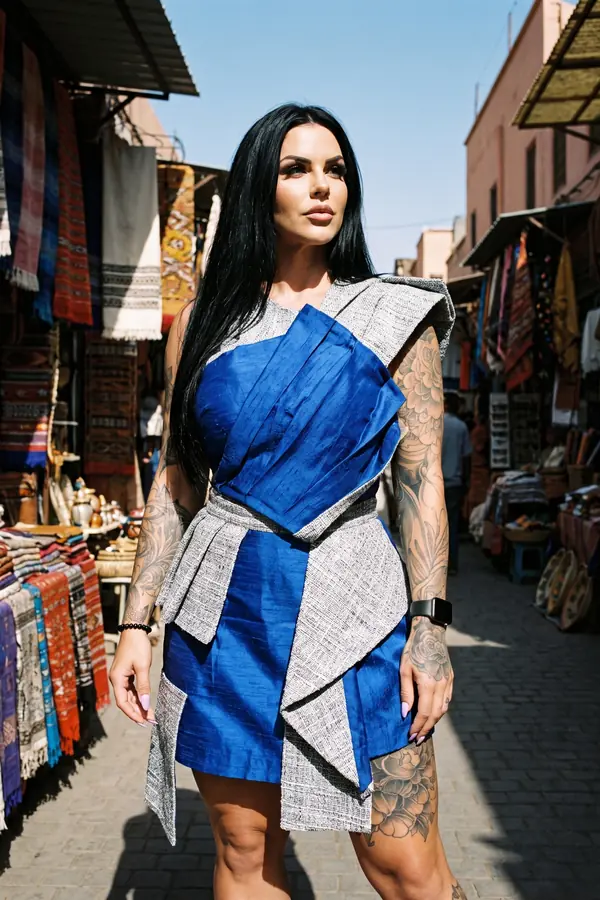 Woman in a cobalt silk shantung and grey tweed one-shoulder mini dress standing in a sunlit market street
