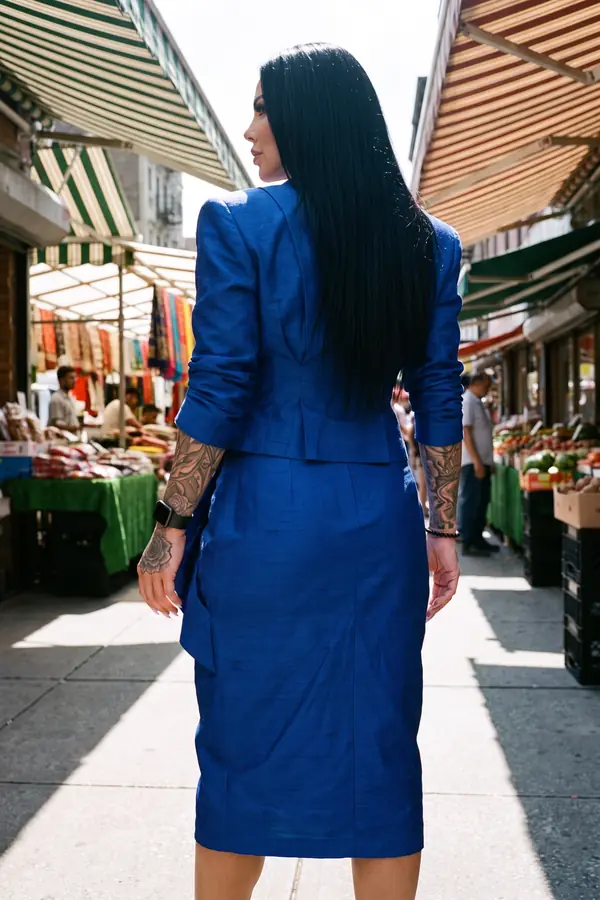 back & profile: Cobalt shantung jacket with a draped wrap skirt