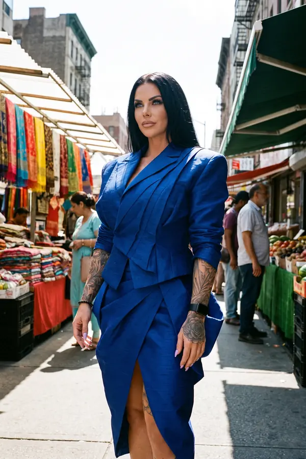 in motion: Cobalt shantung jacket with a draped wrap skirt