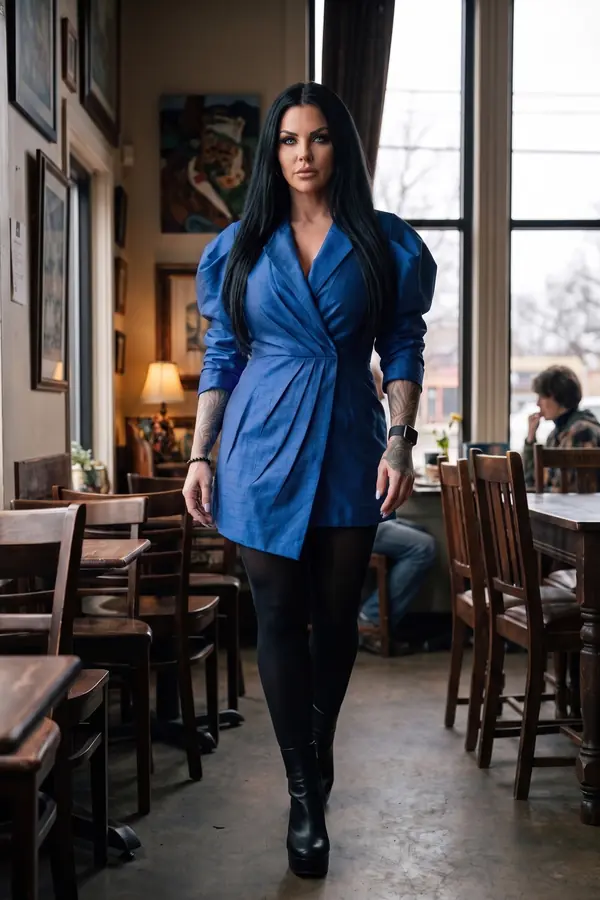 in motion: Cobalt shantung wrap blazer dress with puff shoulders