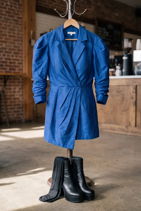 Woman in a cobalt shantung wrap blazer dress with puff shoulders, black tights and platform boots standing in a café