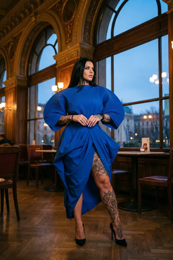 Woman in a cobalt dress with sunray-pleated fan sleeves and a draped front-split skirt in a grand old coffee house at dusk
