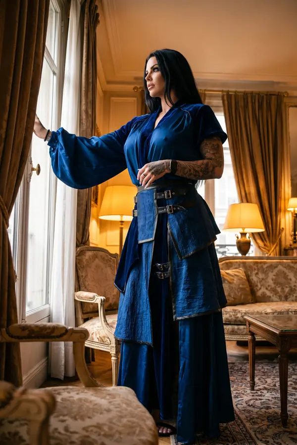 Woman in a floor-length cobalt velvet and satin robe coat with buckled overskirt panels at a window in a gilded apartment