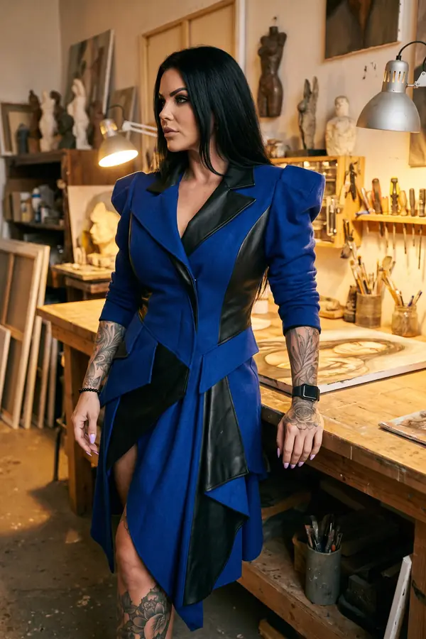 Woman in a cobalt wool coat dress with black leather lapels and panels leaning on a workbench in a sculptor's studio