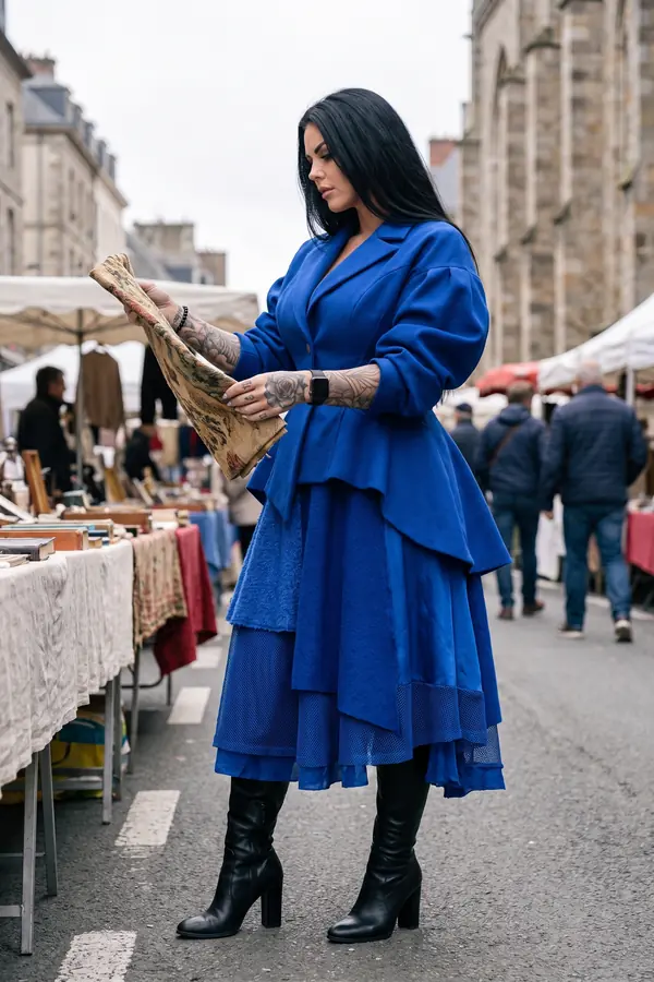 Woman in a cobalt wool peplum jacket with puff sleeves, a tiered cobalt midi skirt and black knee boots at a street market