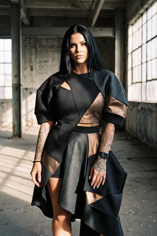 Woman in a black, charcoal and bronze panelled crop top and asymmetric skirt in an empty sunlit warehouse