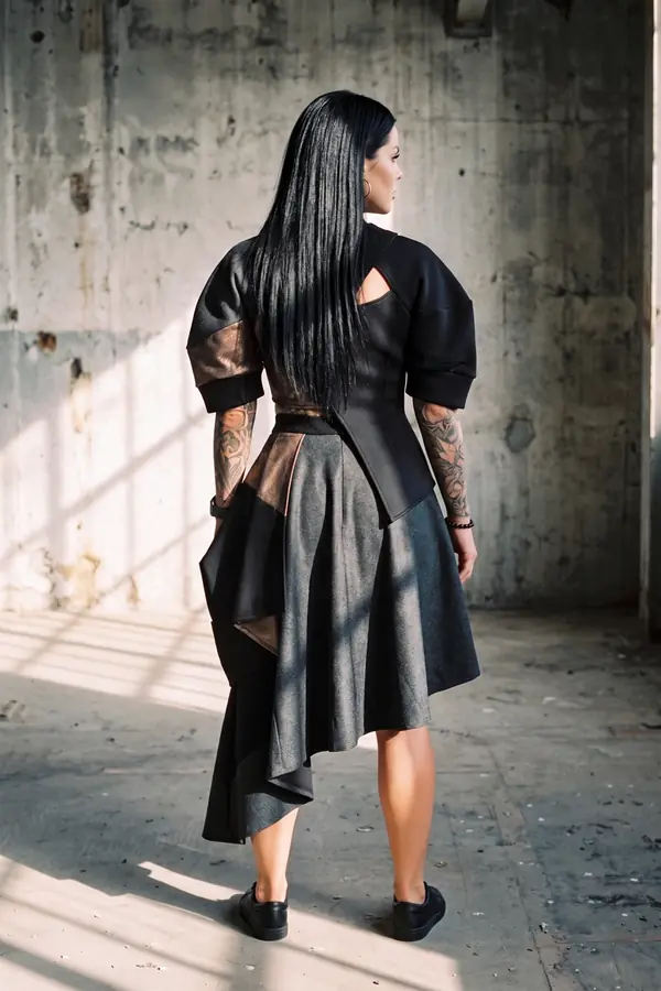 back & profile: Colour-block panelled top and asymmetric skirt in bronze