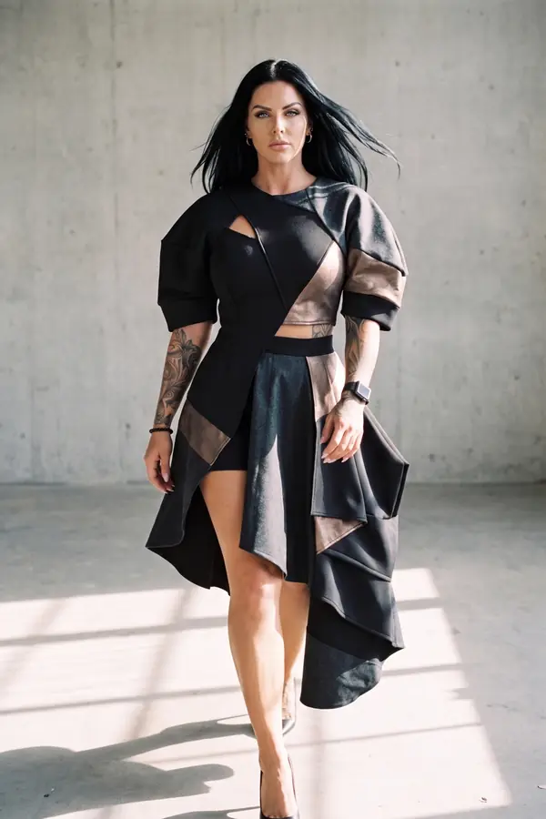 in motion: Colour-block panelled top and asymmetric skirt in bronze