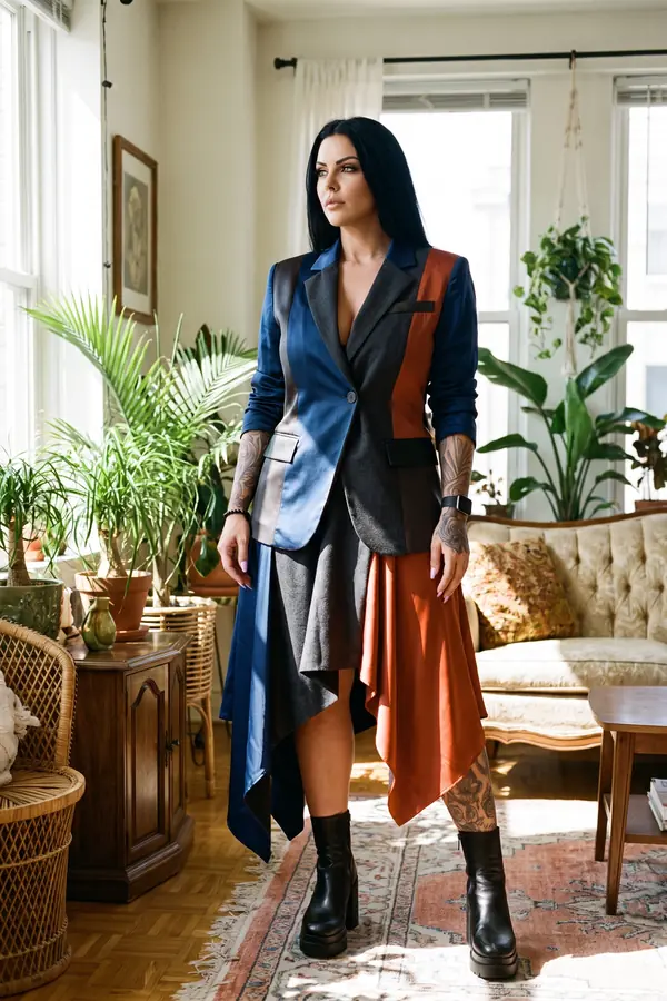 Woman in a navy, charcoal and rust colour-block blazer and handkerchief skirt with black platform boots in a living room