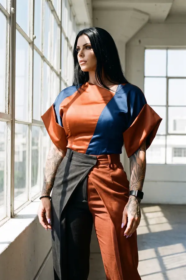 full look: Colour-block satin top with asymmetric wrap trousers