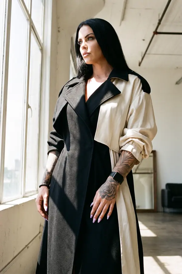 full look: Colour-block trench coat in charcoal, black and bone