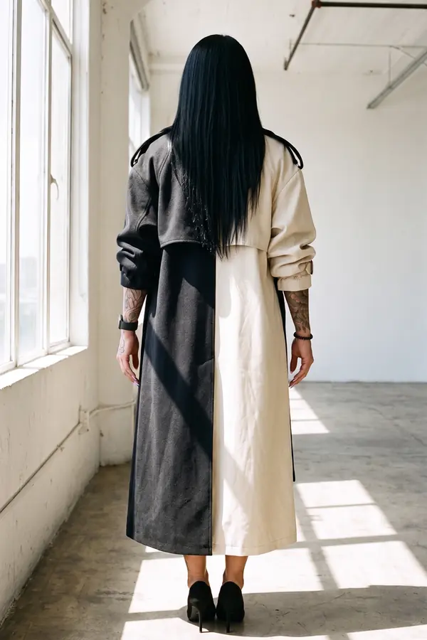 back & profile: Colour-block trench coat in charcoal, black and bone