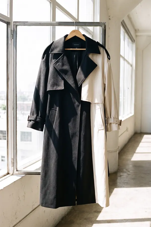 still life: Colour-block trench coat in charcoal, black and bone