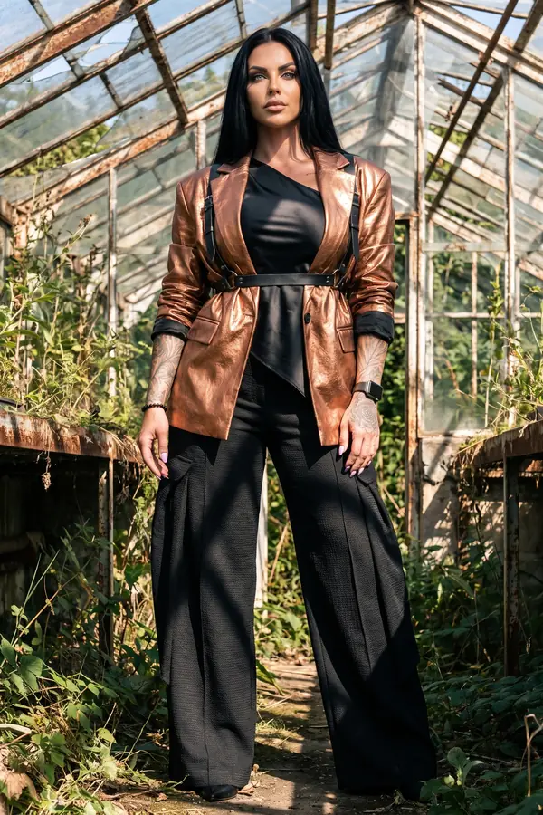 Woman in a copper metallic leather blazer, black shoulder-strap belt and black wide-leg cargo trousers in a derelict greenhouse