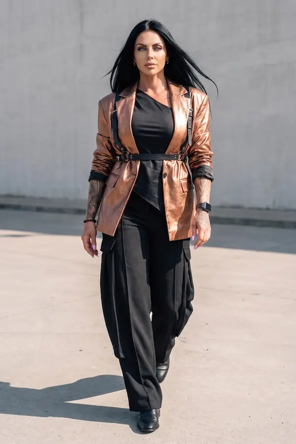 in motion: Copper leather blazer with shoulder-strap belt and cargo trousers