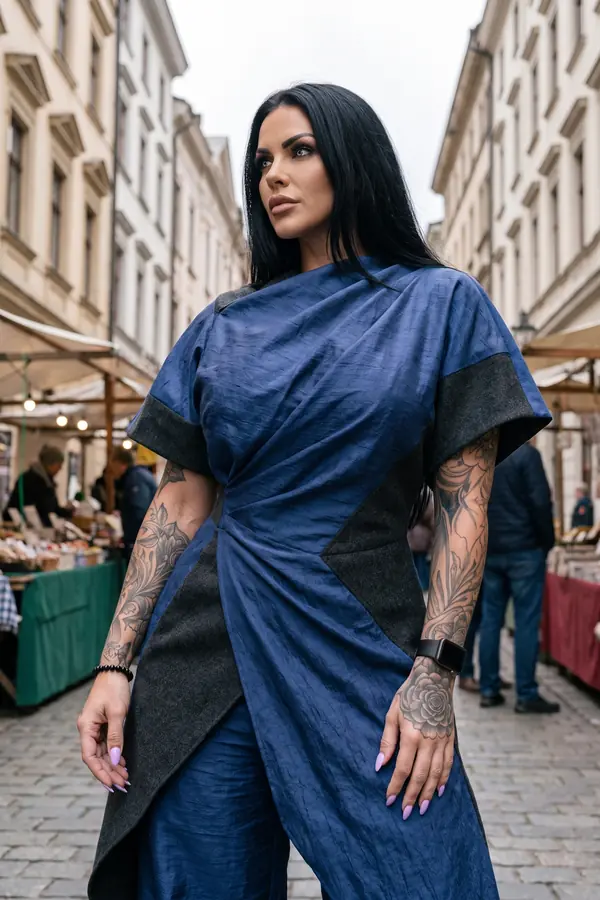 Woman in a navy crinkled silk tunic with charcoal wool panels and wide-leg trousers standing on a cobbled market street