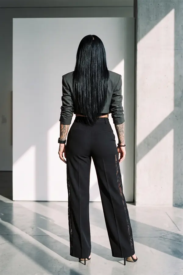 back & profile: Cropped blazer, leather cut-out top, mesh-panel trousers