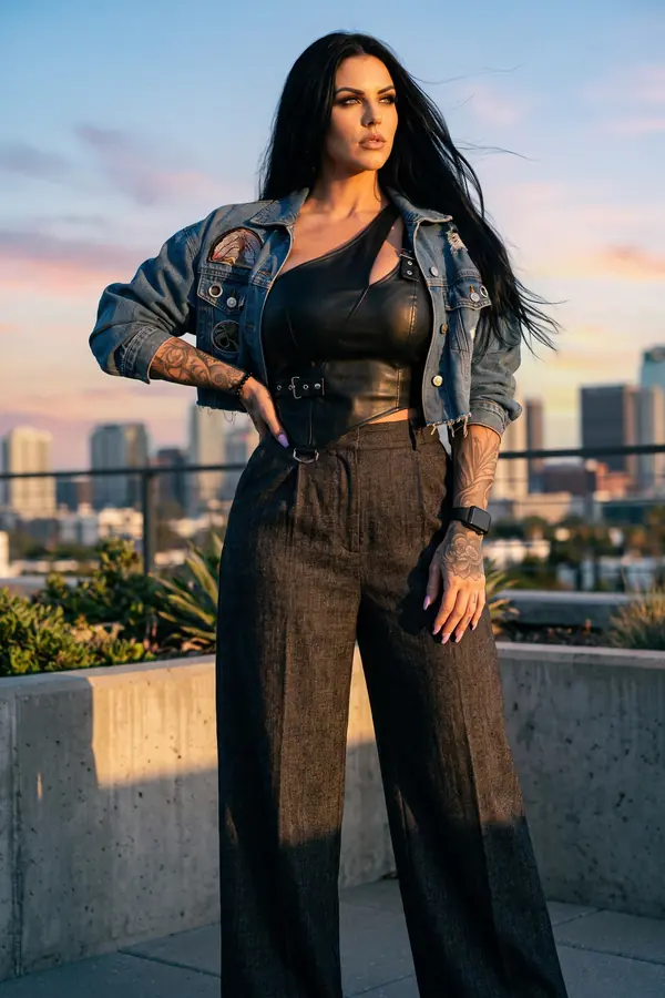 Woman in a cropped denim jacket, black leather bustier and charcoal wide-leg trousers on a rooftop at sunset