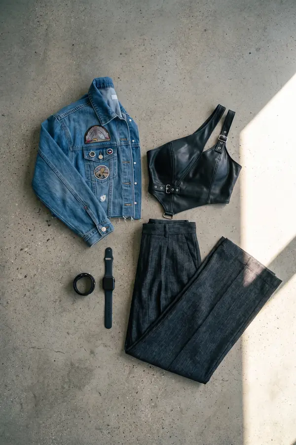 still life: Cropped denim jacket, leather bustier and wide-leg trousers