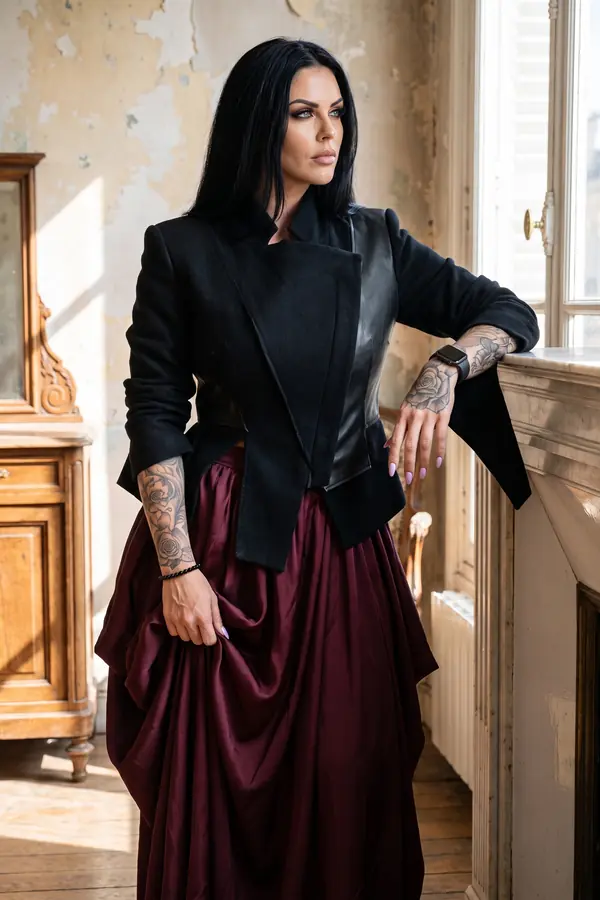 Woman in a cropped black wool jacket with a leather panel and a burgundy satin bubble skirt leaning on a marble mantelpiece