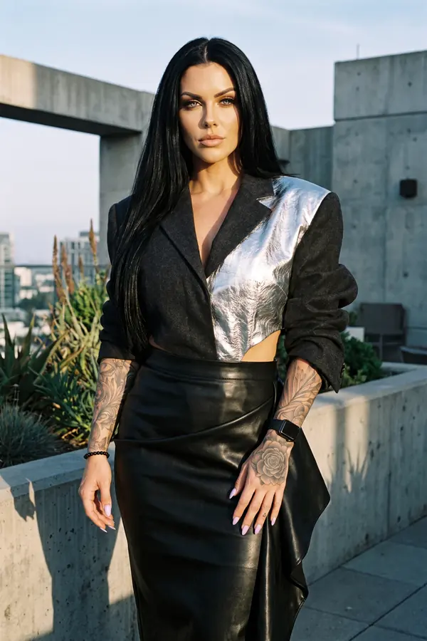 Woman in a cropped charcoal wool blazer with a silver leather panel and a black leather draped skirt on a terrace