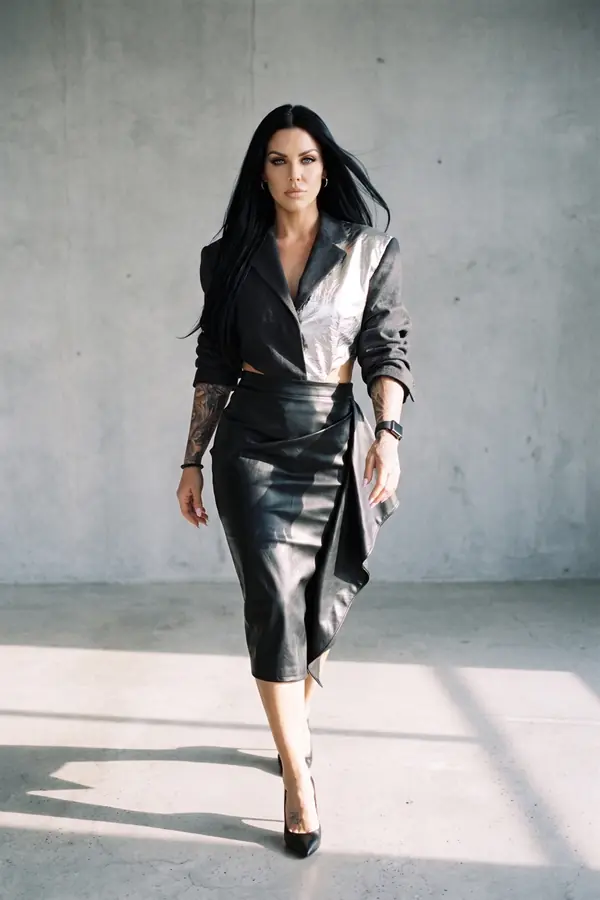 in motion: Cropped wool and silver leather blazer with a leather skirt
