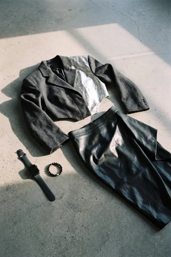 still life: Cropped wool and silver leather blazer with a leather skirt