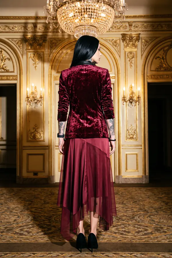 back & profile: Crushed velvet blazer with leather lapels and mesh skirt