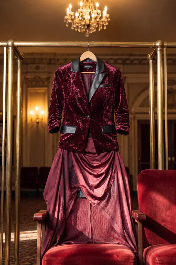 still life: Crushed velvet blazer with leather lapels and mesh skirt