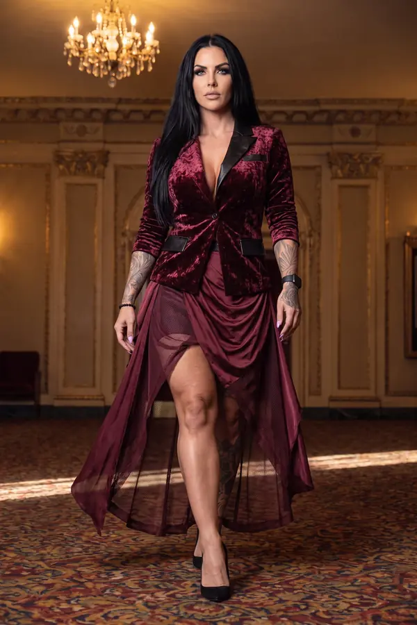 in motion: Crushed velvet blazer with leather lapels and mesh skirt