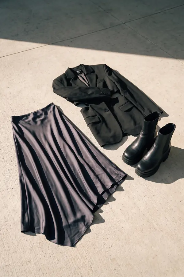 still life: Cut-out blazer with charcoal satin asymmetric midi skirt
