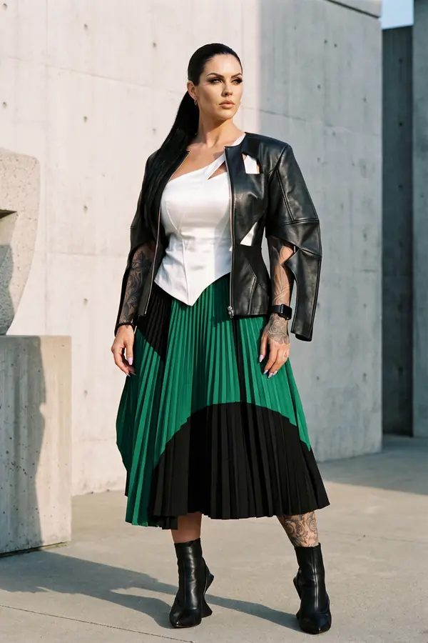 Woman in a black cut-out leather jacket, white corset top and green and black pleated midi skirt by a concrete wall