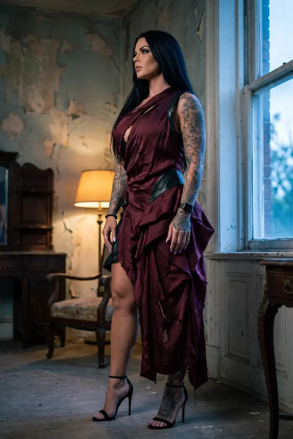 Woman standing in profile in a derelict room, in a draped oxblood satin dress with black leather trim and black sandals