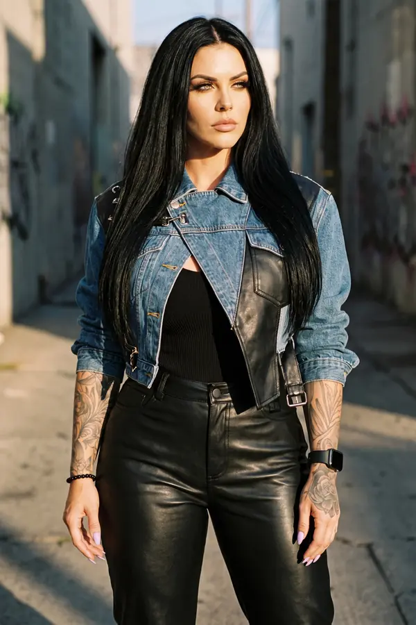 Woman in a cropped denim jacket with black leather panels, ribbed tank and black leather trousers in a graffiti alley