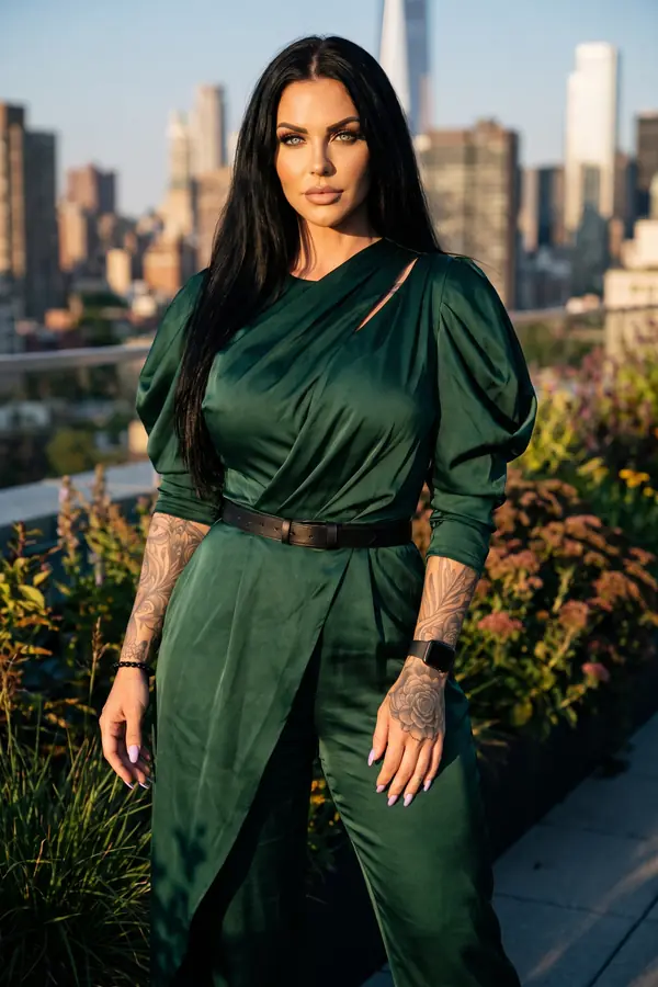 Woman in a draped forest green satin jumpsuit with a wrap overlay panel and black leather belt in a rooftop garden