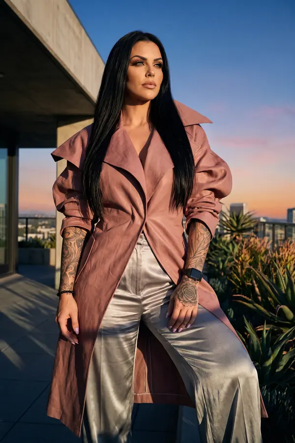 Woman in a long dusty rose faux leather trench and silver satin wide-leg trousers on a rooftop terrace at sunset