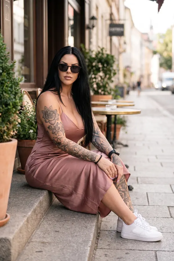 Woman in a dusty rose satin slip dress, white sneakers and dark sunglasses sitting on stone steps outside a cafe