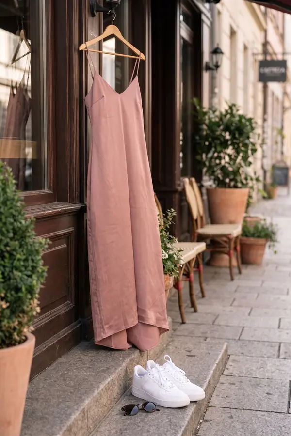 still life: Dusty rose satin slip dress with white sneakers