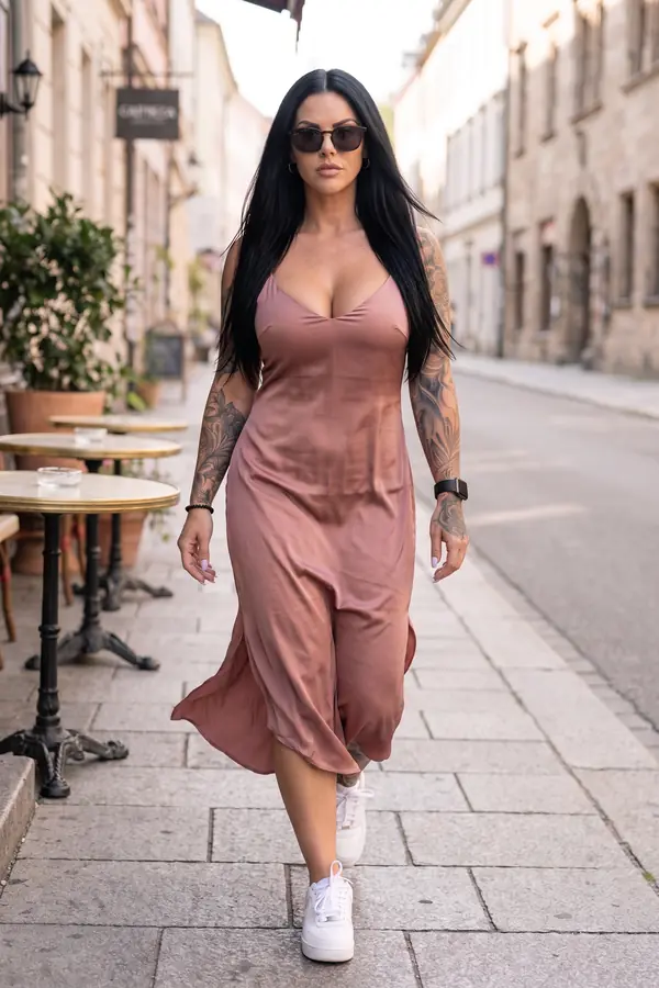 in motion: Dusty rose satin slip dress with white sneakers