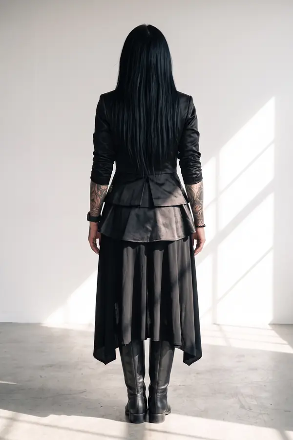 back & profile: Embroidered peplum jacket, high-low skirt and knee boots