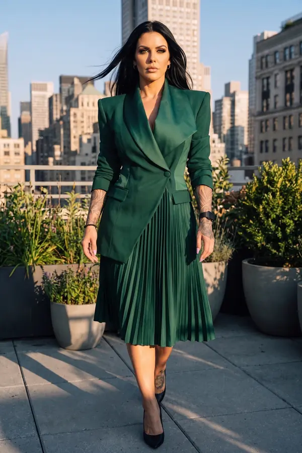 Woman in an emerald blazer dress with satin shawl lapels and a pleated satin skirt panel on a rooftop garden