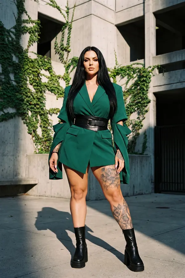 Woman in an emerald blazer dress with split sleeves, wide black belt and platform boots in front of a concrete building
