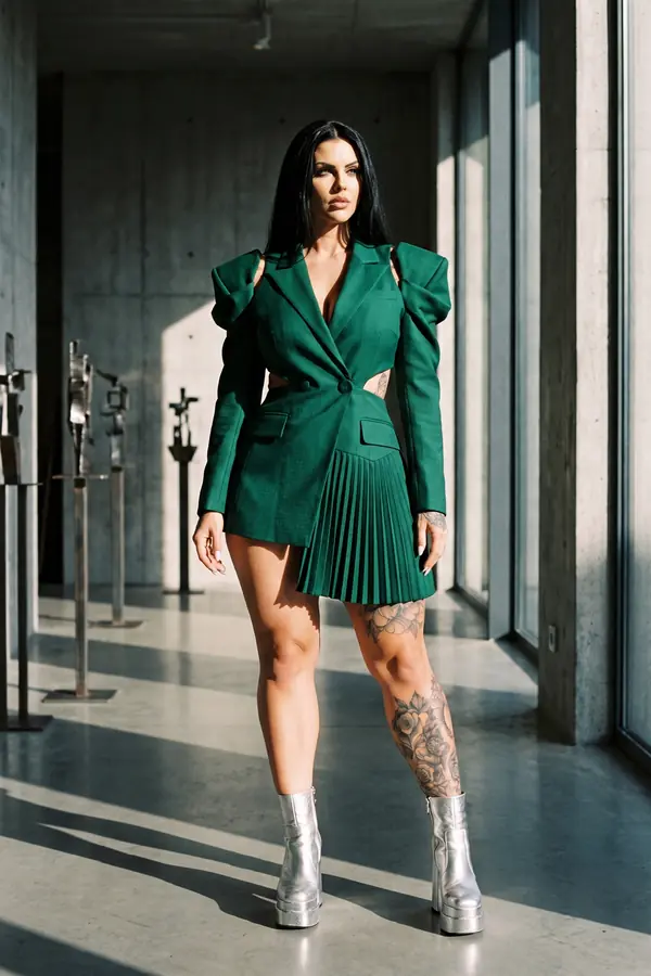 Woman in a short emerald blazer dress with sculpted shoulders and silver platform boots in a concrete gallery