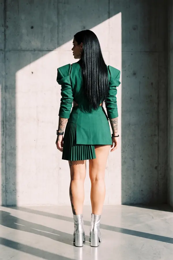back & profile: Emerald cut-out blazer dress with a pleated panel