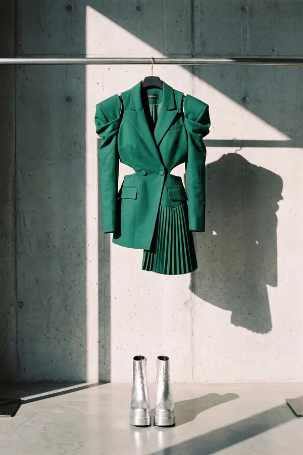 still life: Emerald cut-out blazer dress with a pleated panel