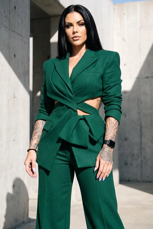 Woman in a fitted emerald wool wrap blazer with waist cut-outs and matching wide-leg trousers against concrete walls