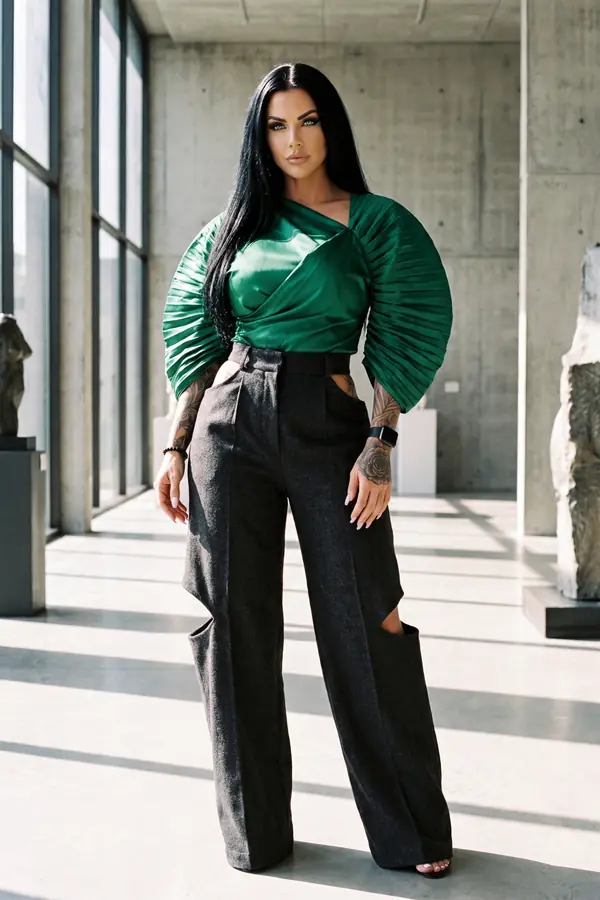 Woman in an emerald satin top with pleated fan sleeves and charcoal wool cut-out wide-leg trousers in a concrete gallery